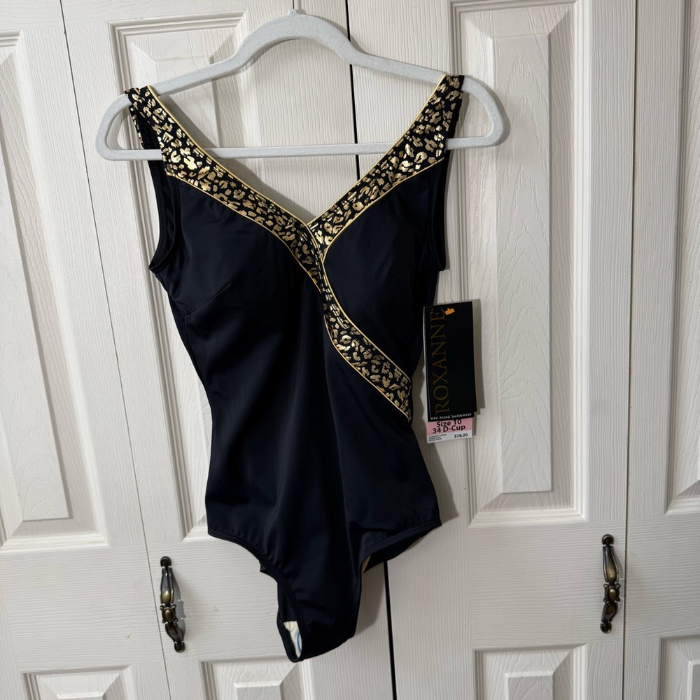 Roxanne Bra Sized Gold Animal Print Lined One Piece Swimsuit Womens Size 10/34D